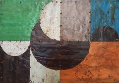 Grüne und orangefarbene abstraktefarbene Komposition aus rostfarbenem Metall „Geometric Series 1“