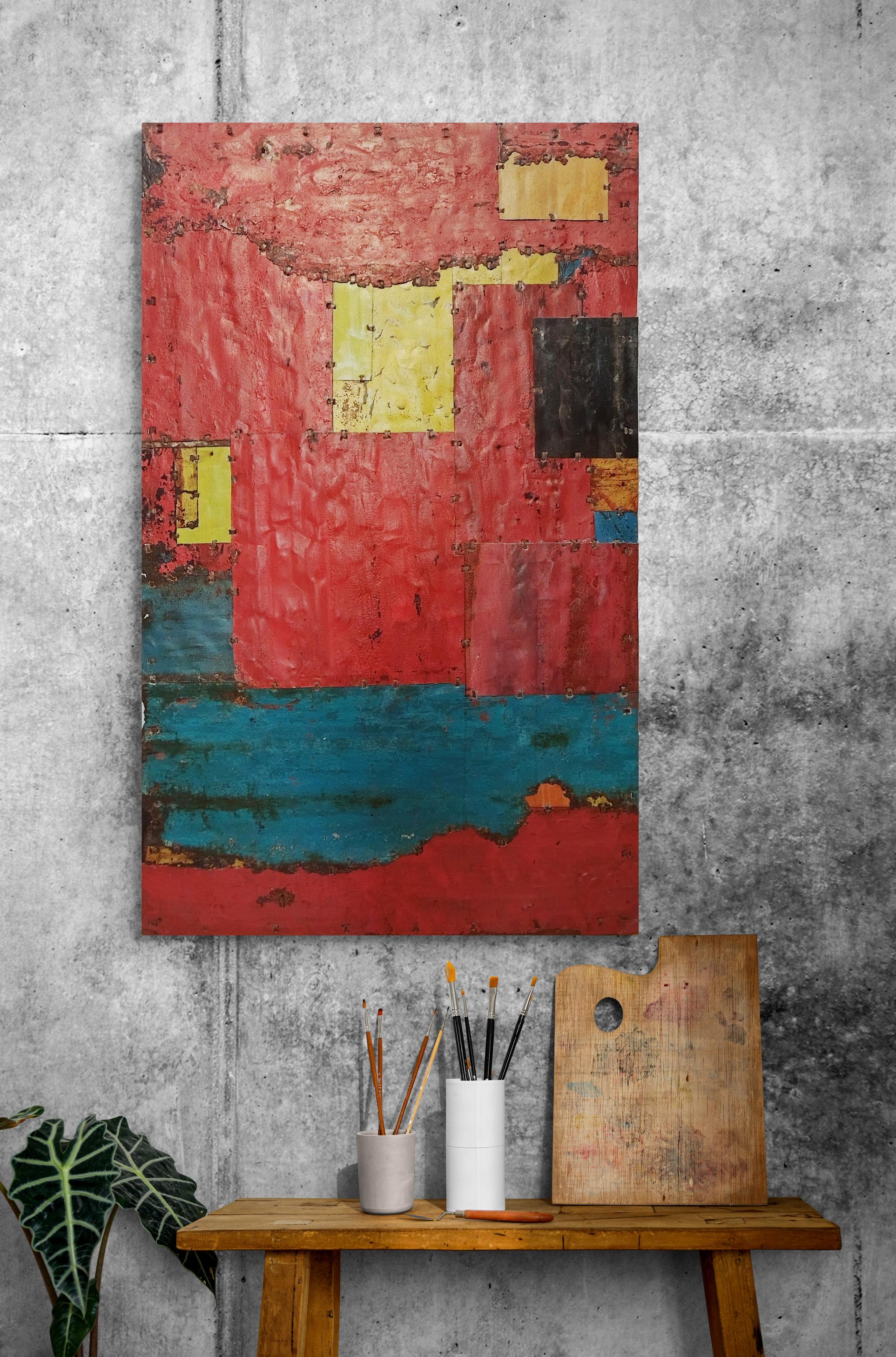 Large Red and Yellow Abstract Rusted Metal Composition 