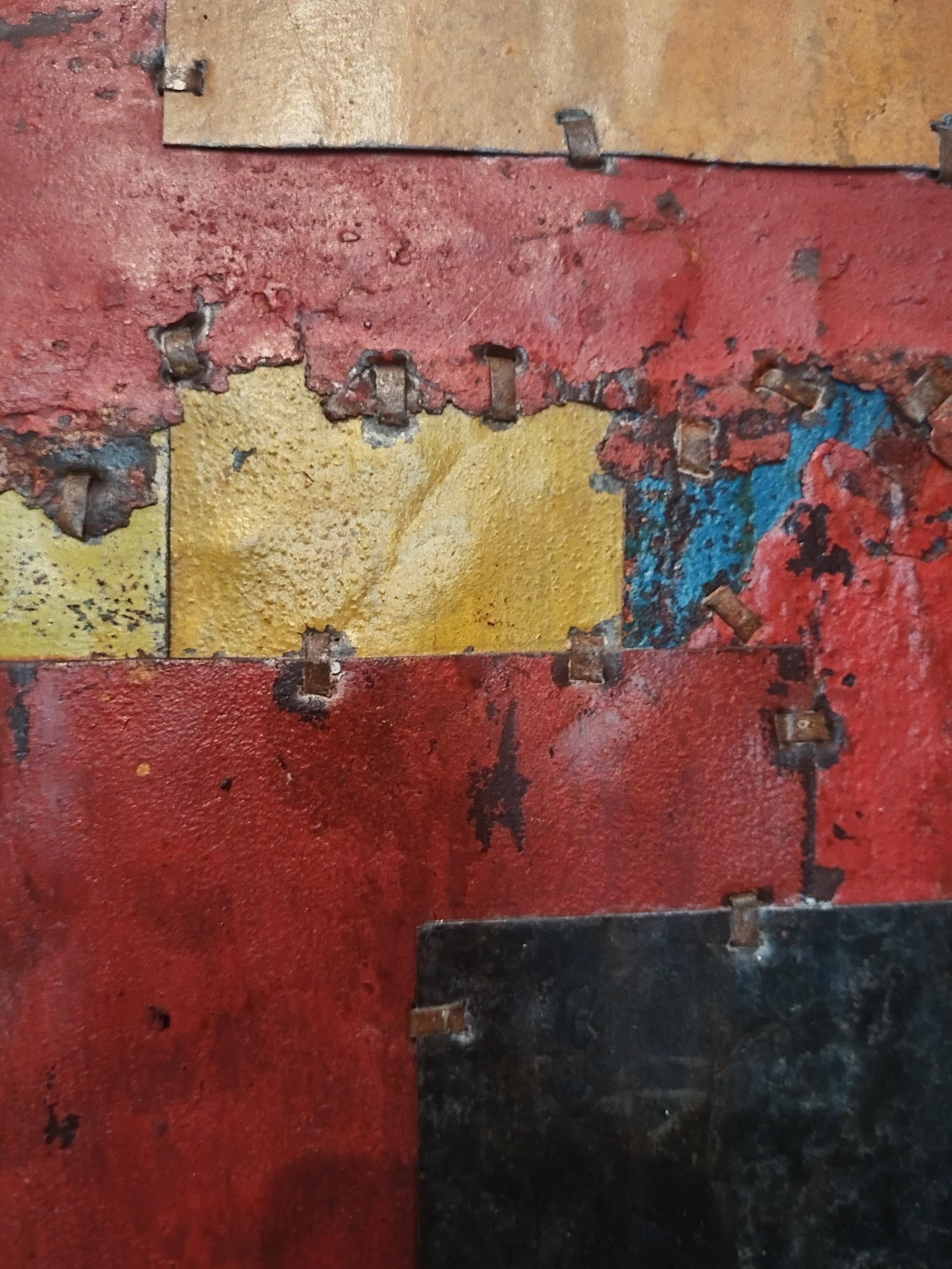 Large Red and Yellow Abstract Rusted Metal Composition 