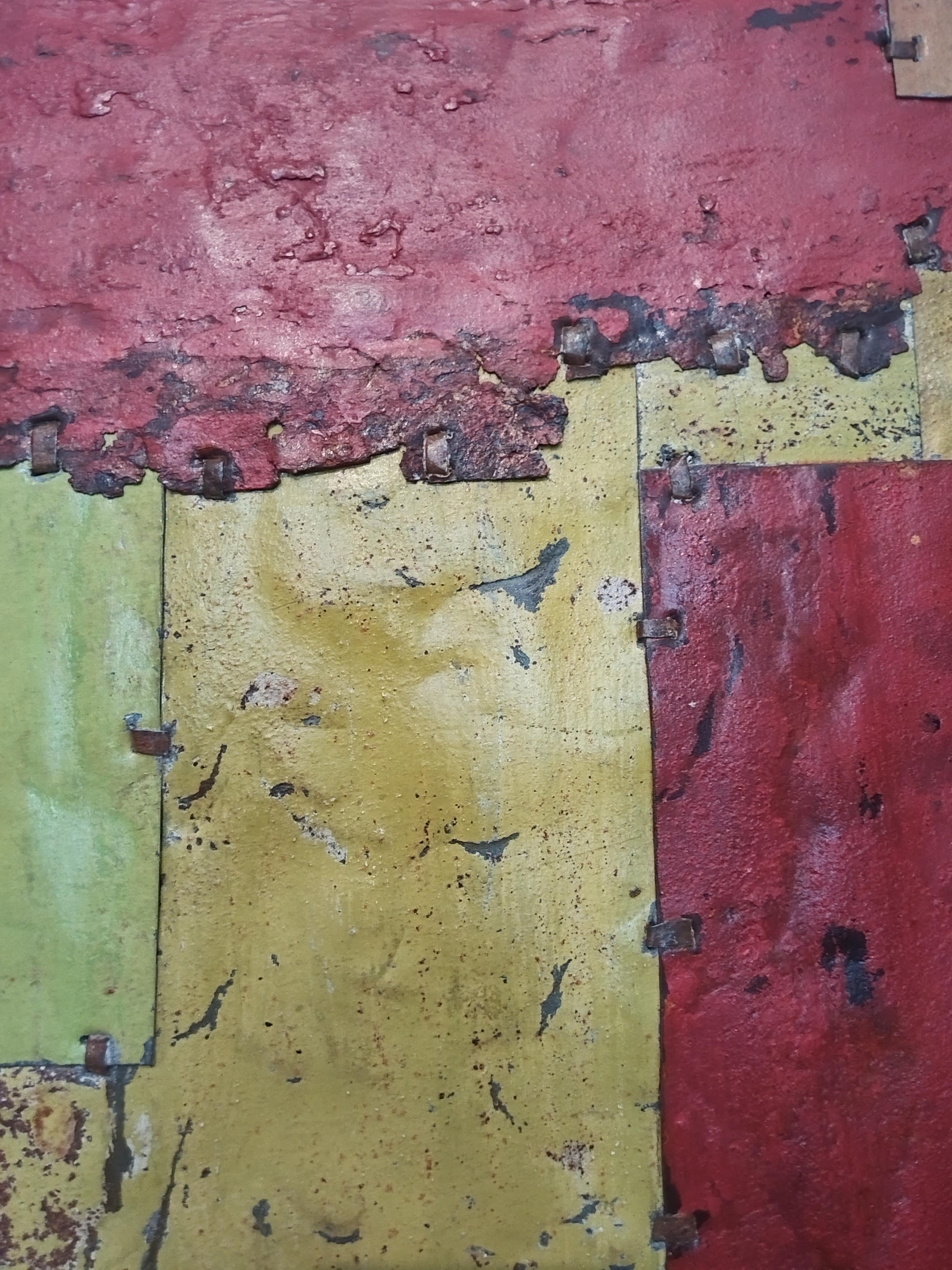 Large Red and Yellow Abstract Rusted Metal Composition 