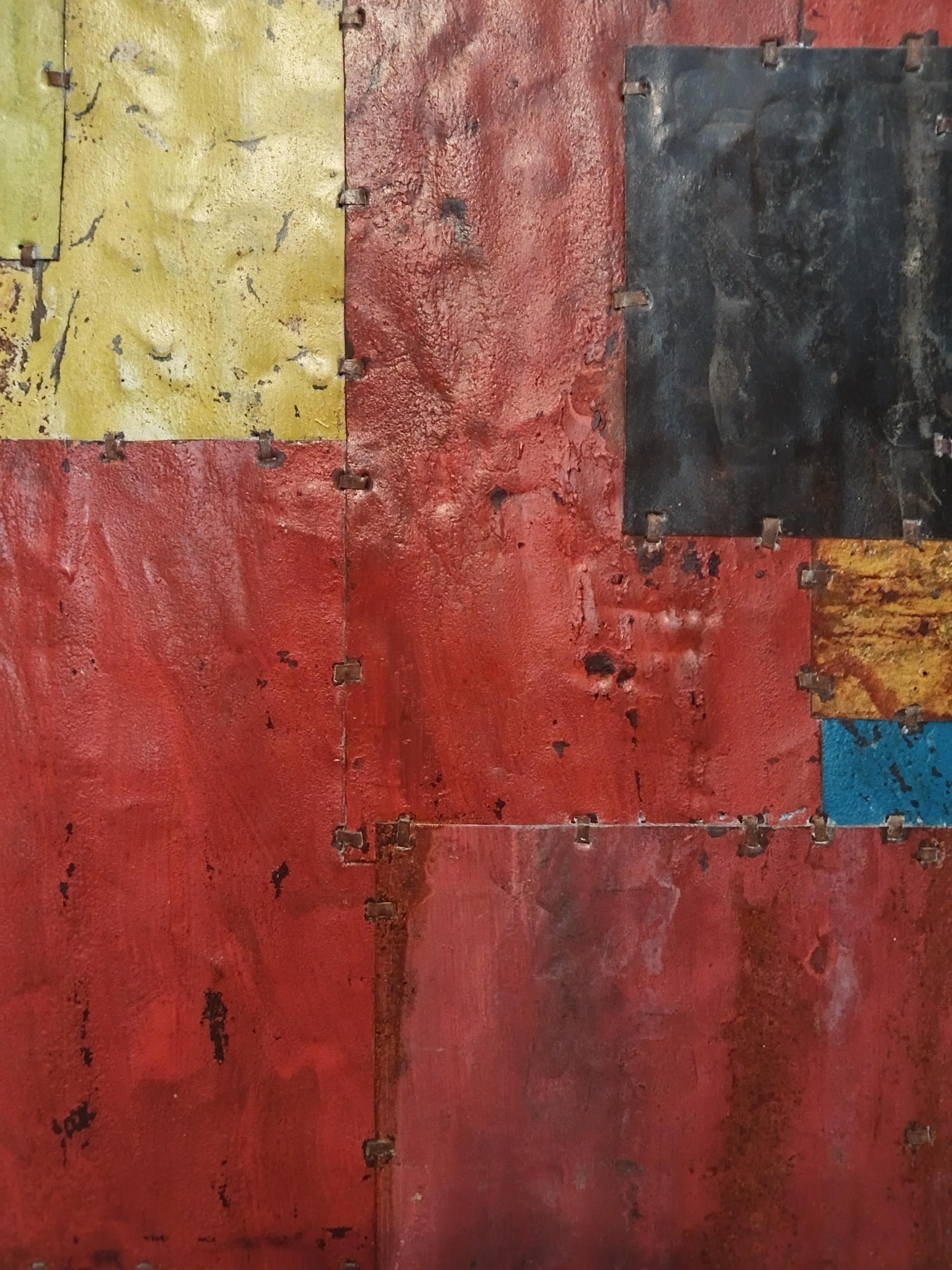 Large Red and Yellow Abstract Rusted Metal Composition 