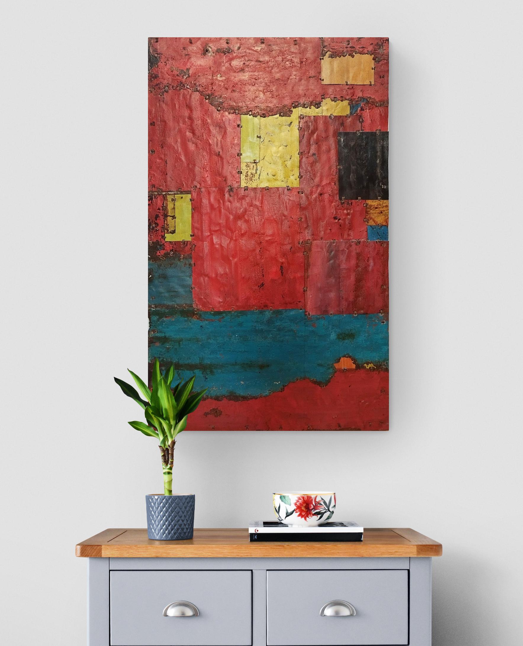 Large Red and Yellow Abstract Rusted Metal Composition 