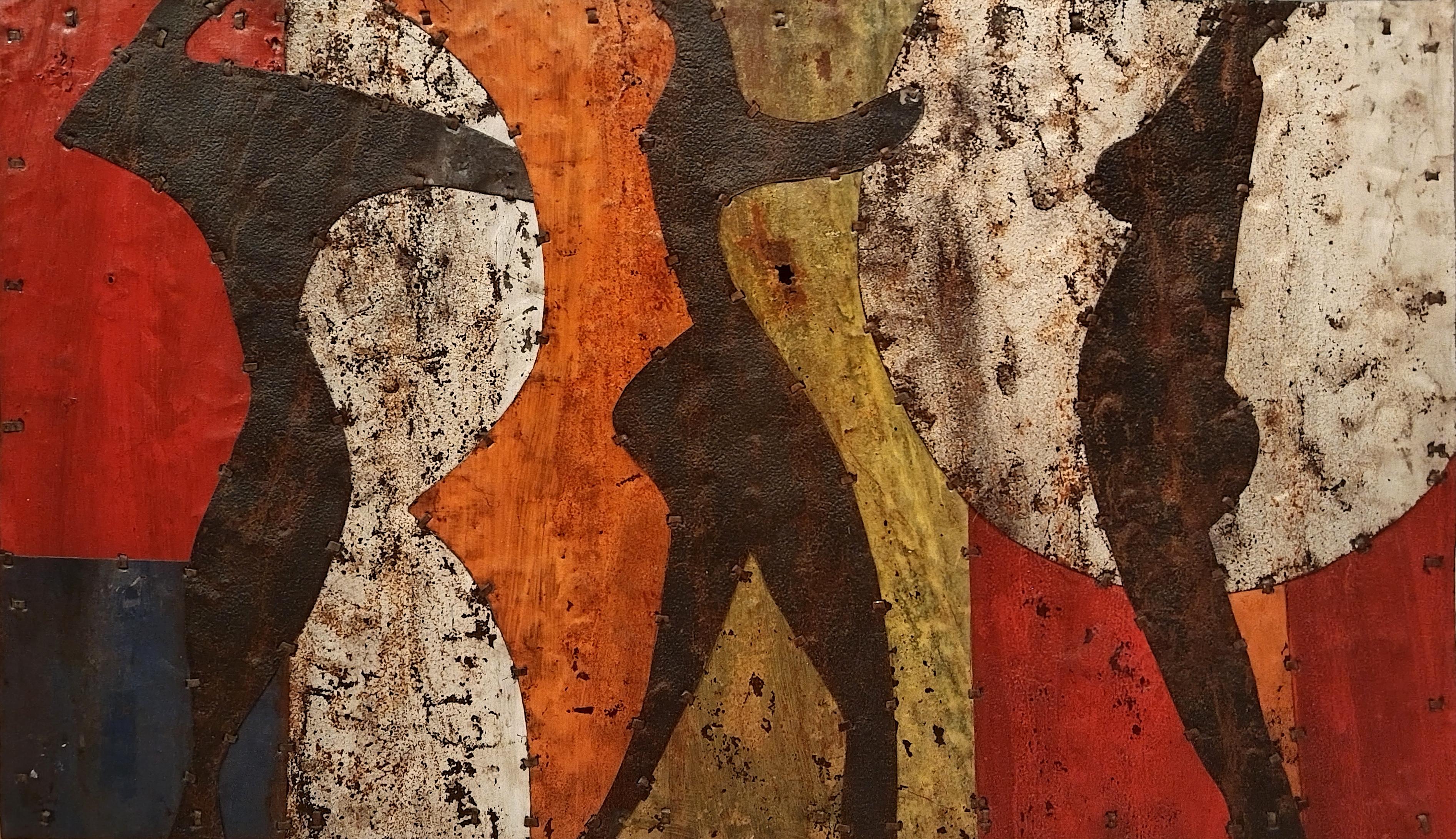 Red Orange & Cream African Rusted Metal Composition "Three Abstract Figures" - Art by Nyasha Mashumba