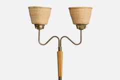Nybro Armaturfabrik, Floor Lamp, Brass, Oak, Rattan, Sweden, 1940s