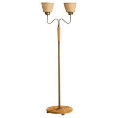 Nybro Armaturfabrik, Floor Lamp, Brass, Oak, Rattan, Sweden, 1940s