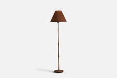 Nybro Armaturfabrik, Stehlampe, Rosenholz-Teakholz-Eiche, Messing, Rattan, Schweden 1950er Jahre