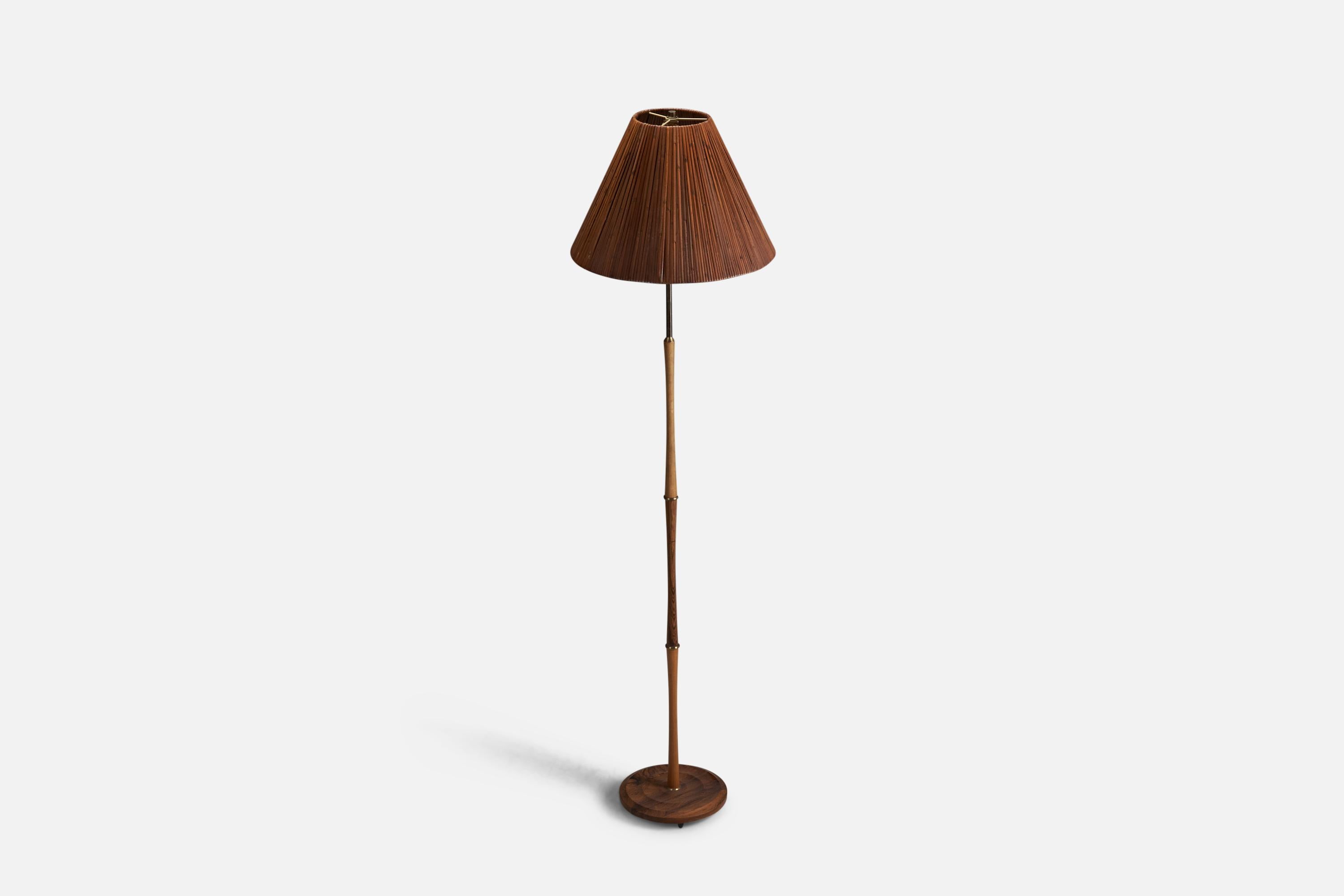 Mid-Century Modern Nybro Armaturfabrik, Floor Lamp, Rosewood Teak Oak, Brass, Rattan, Sweden 1950s For Sale