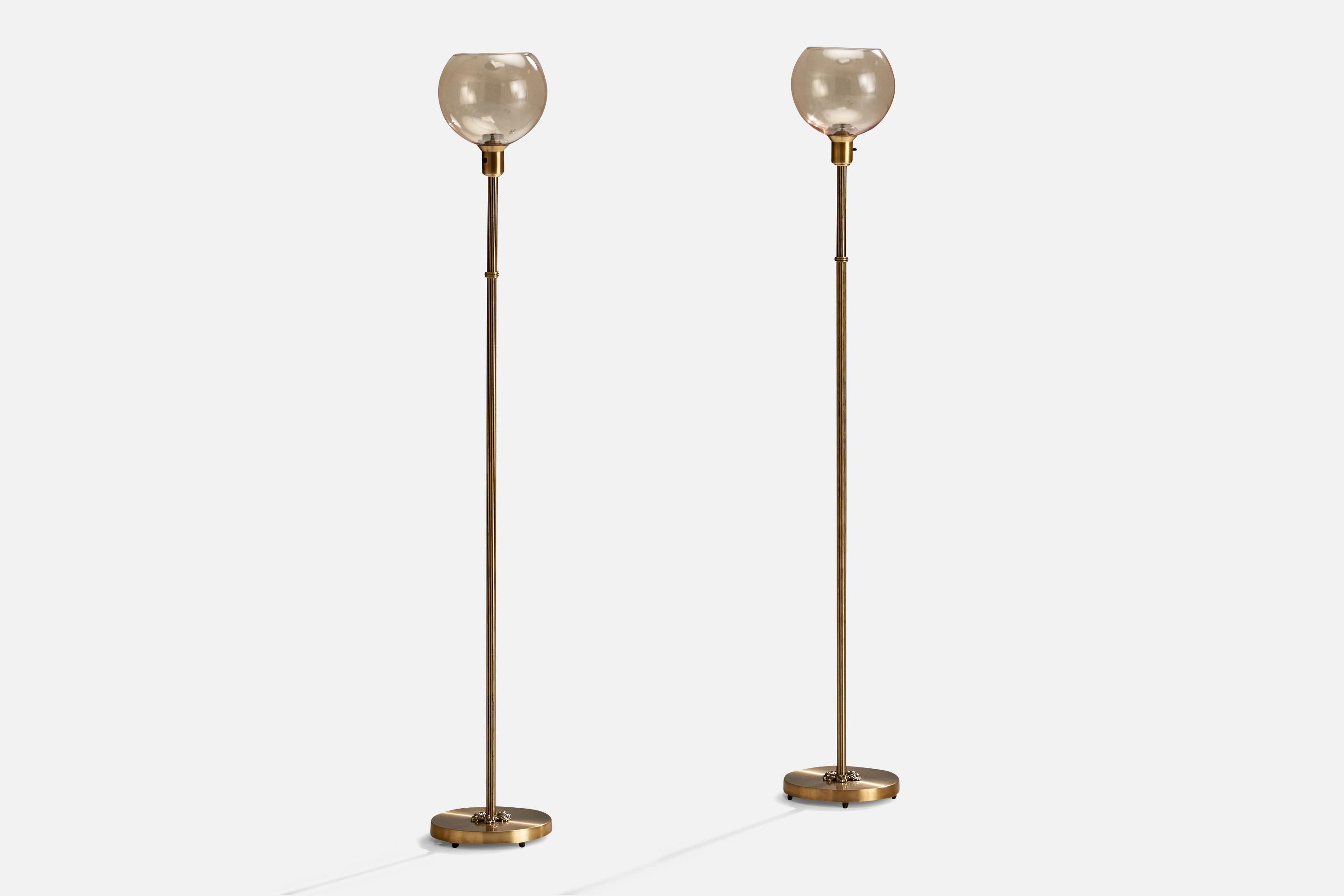 Scandinavian Modern Nybro Armaturfabrik, Floor Lamps, Brass, Glass, Sweden, 1950s For Sale