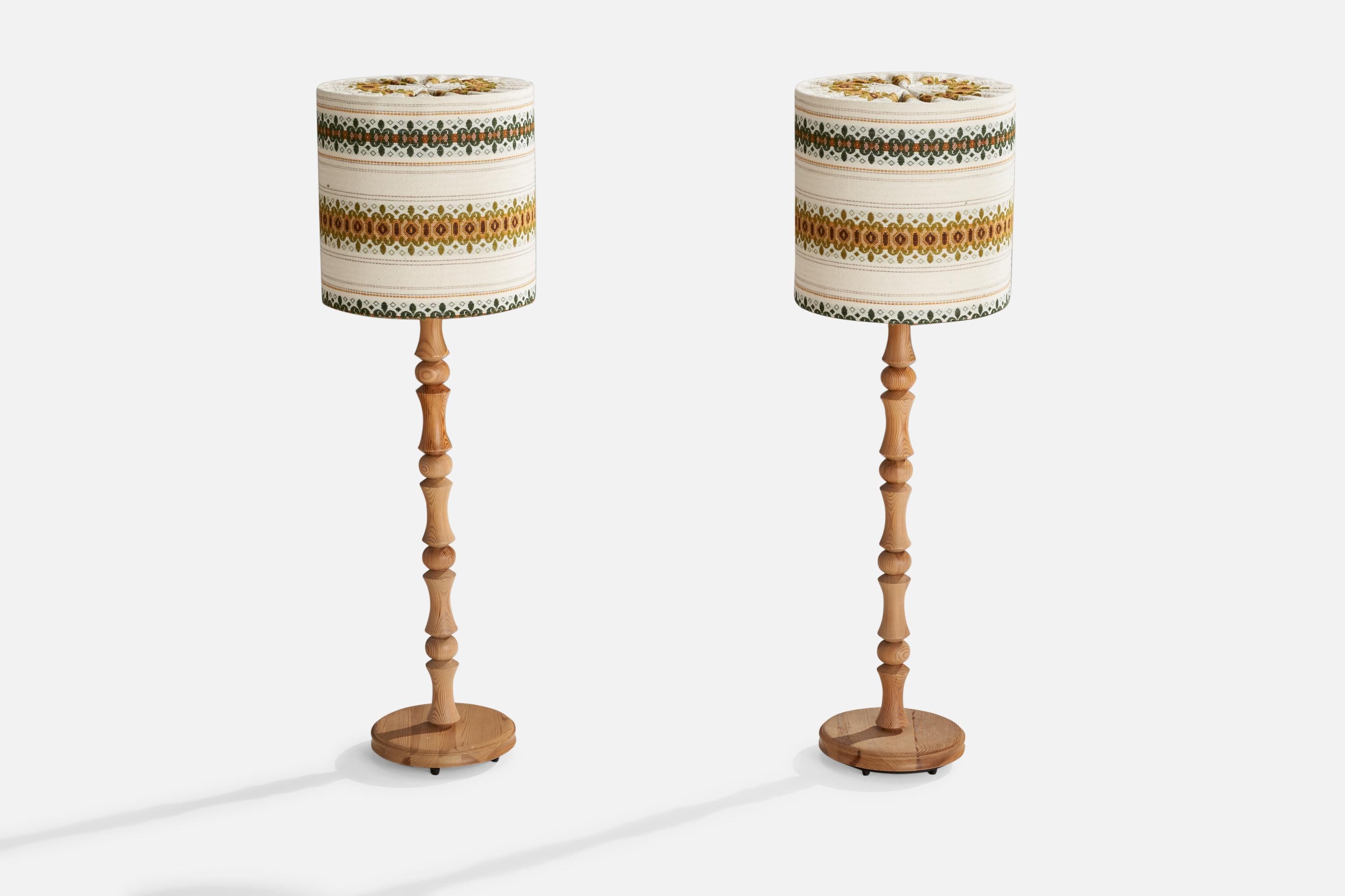 Swedish Nybro Armaturfabrik, Small Floor Lamps, Pine, Fabric, Sweden, 1970s For Sale