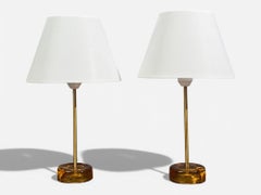 Nybro Armaturfabrik, Table Lamps, Amber Glass, Brass, Sweden, 1970s
