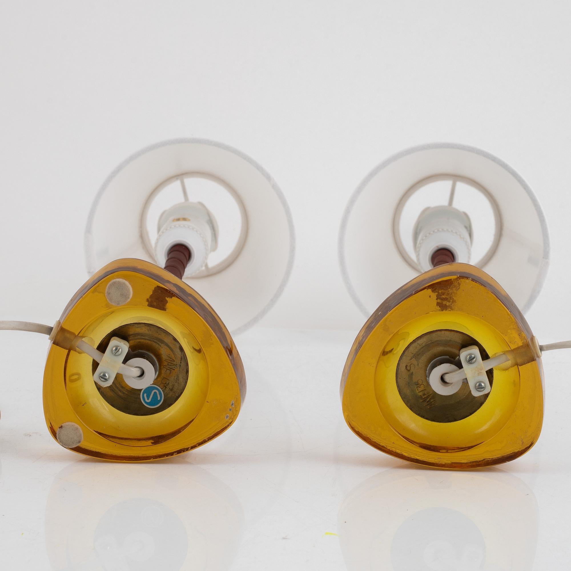 Mid-Century Modern Nybro Armaturfabrik, Table Lamps, Brass, amber Glass, Sweden, 1960s For Sale