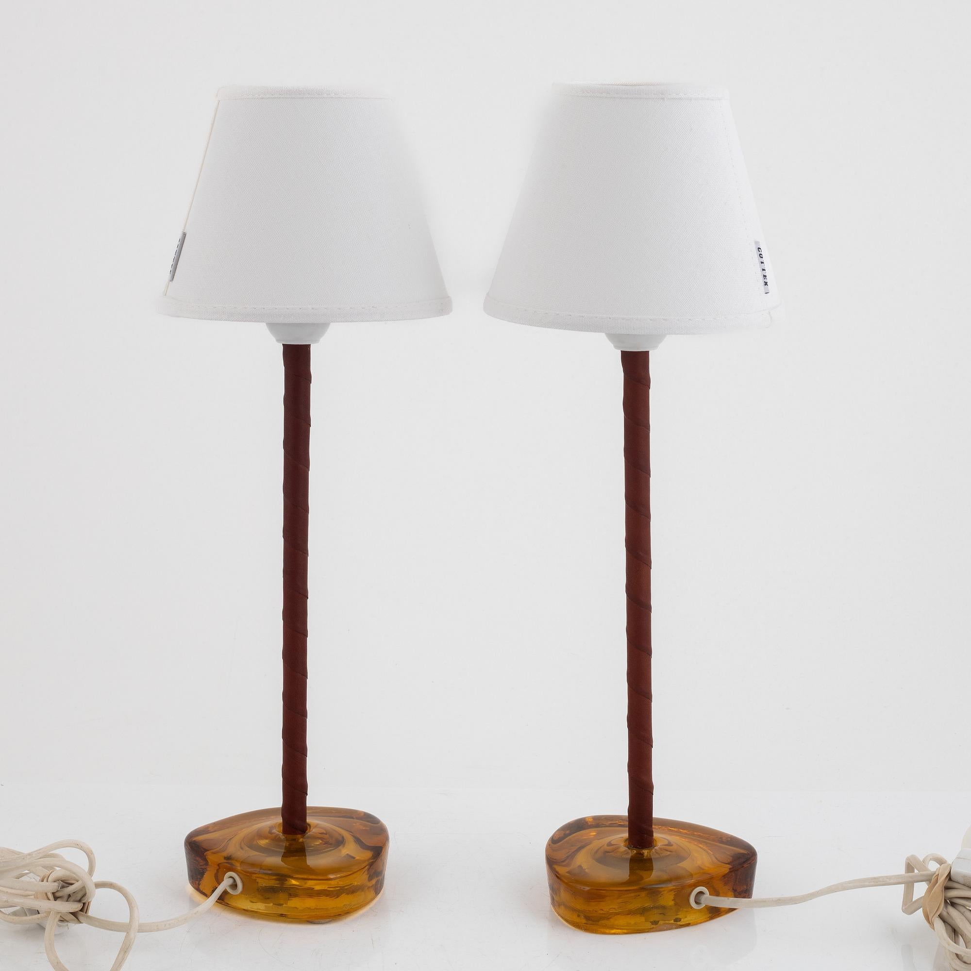 Swedish Nybro Armaturfabrik, Table Lamps, Brass, amber Glass, Sweden, 1960s For Sale