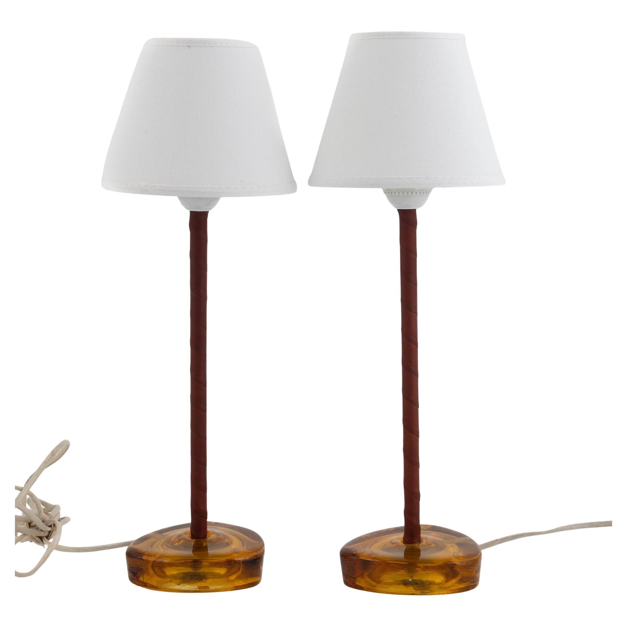 Nybro Armaturfabrik, Table Lamps, Brass, amber Glass, Sweden, 1960s