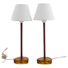 Nybro Armaturfabrik, Table Lamps, Brass, amber Glass, Sweden, 1960s