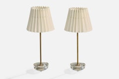 Nybro Armaturfabrik, Table Lamps, Brass, Glass, Fabric, Sweden, 1950s