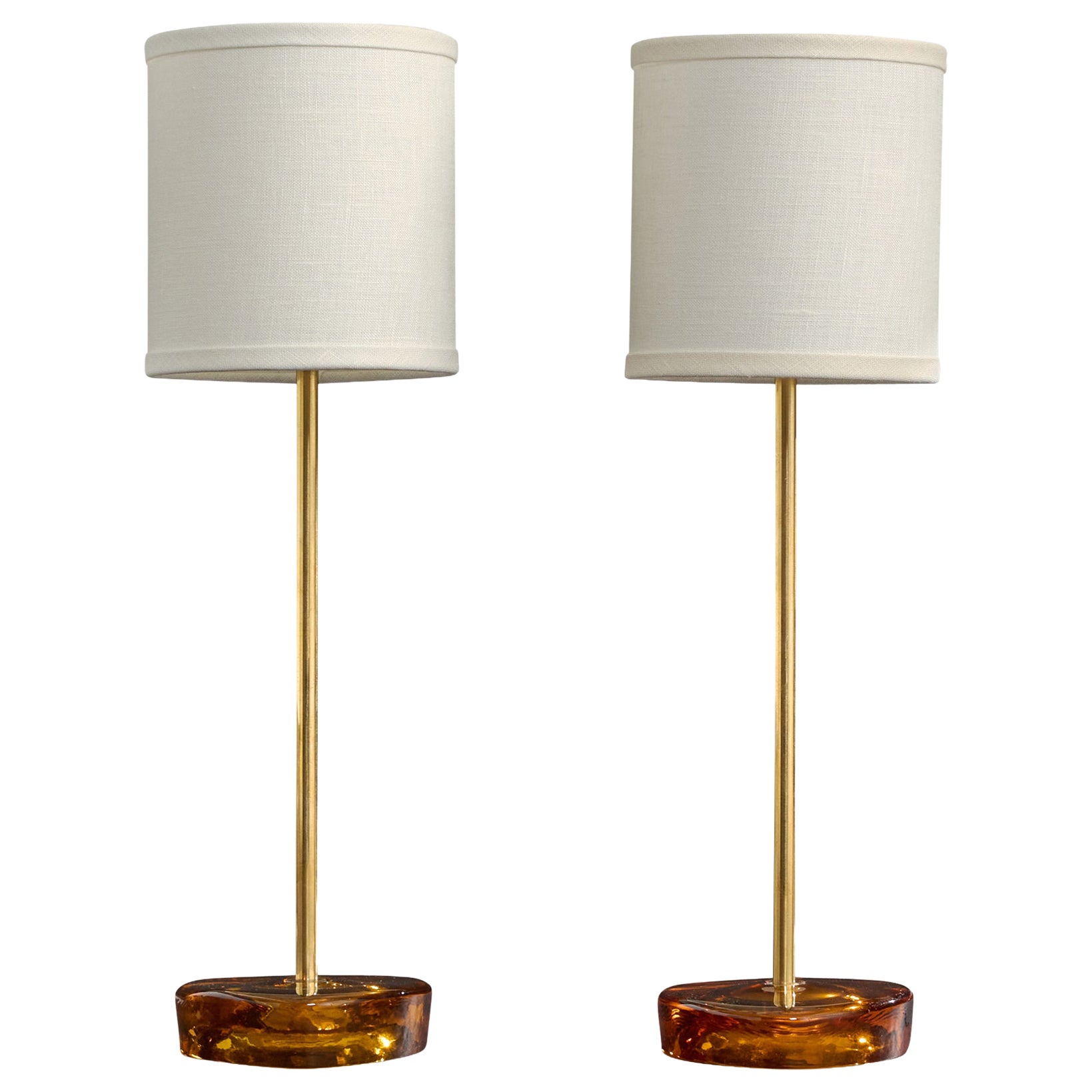 Nybro Armaturfabrik, Table Lamps, Brass, Glass, Fabric, Sweden, 1950s