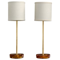 Nybro Armaturfabrik, Table Lamps, Brass, Glass, Fabric, Sweden, 1950s