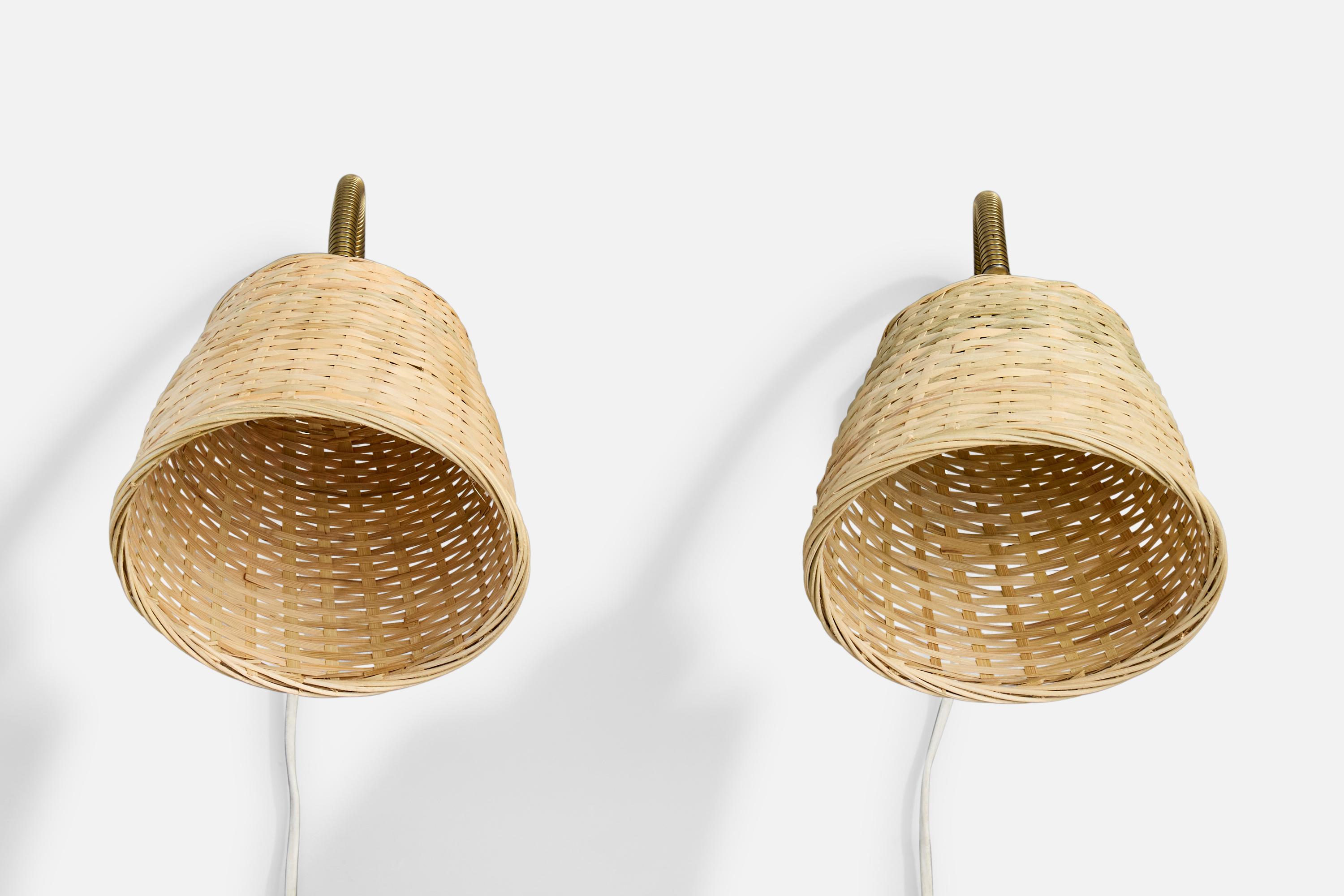Mid-Century Modern Nybro Armaturfabrik, Wall Lights, Brass, Rattan, Sweden, 1950s For Sale