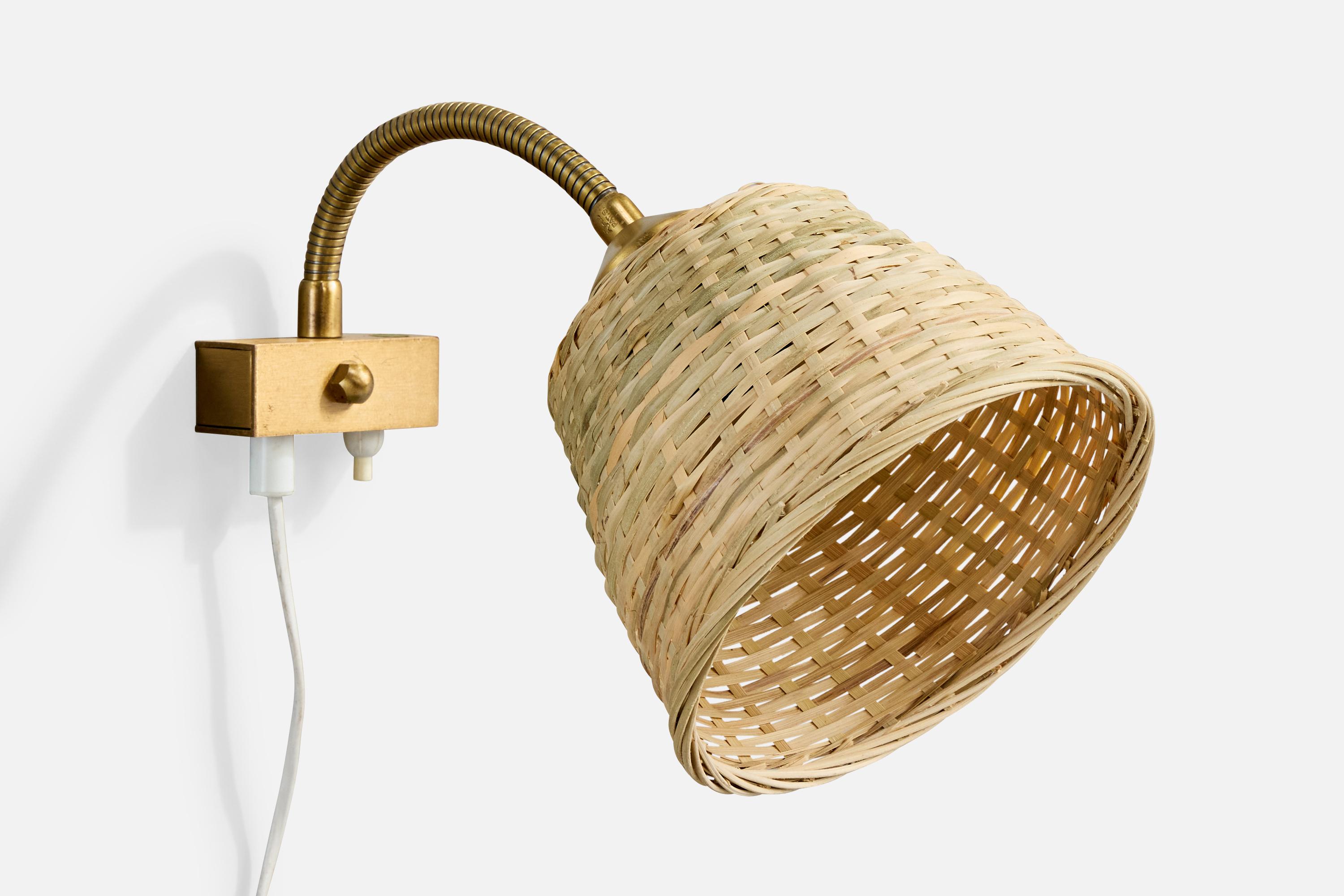 Swedish Nybro Armaturfabrik, Wall Lights, Brass, Rattan, Sweden, 1950s For Sale