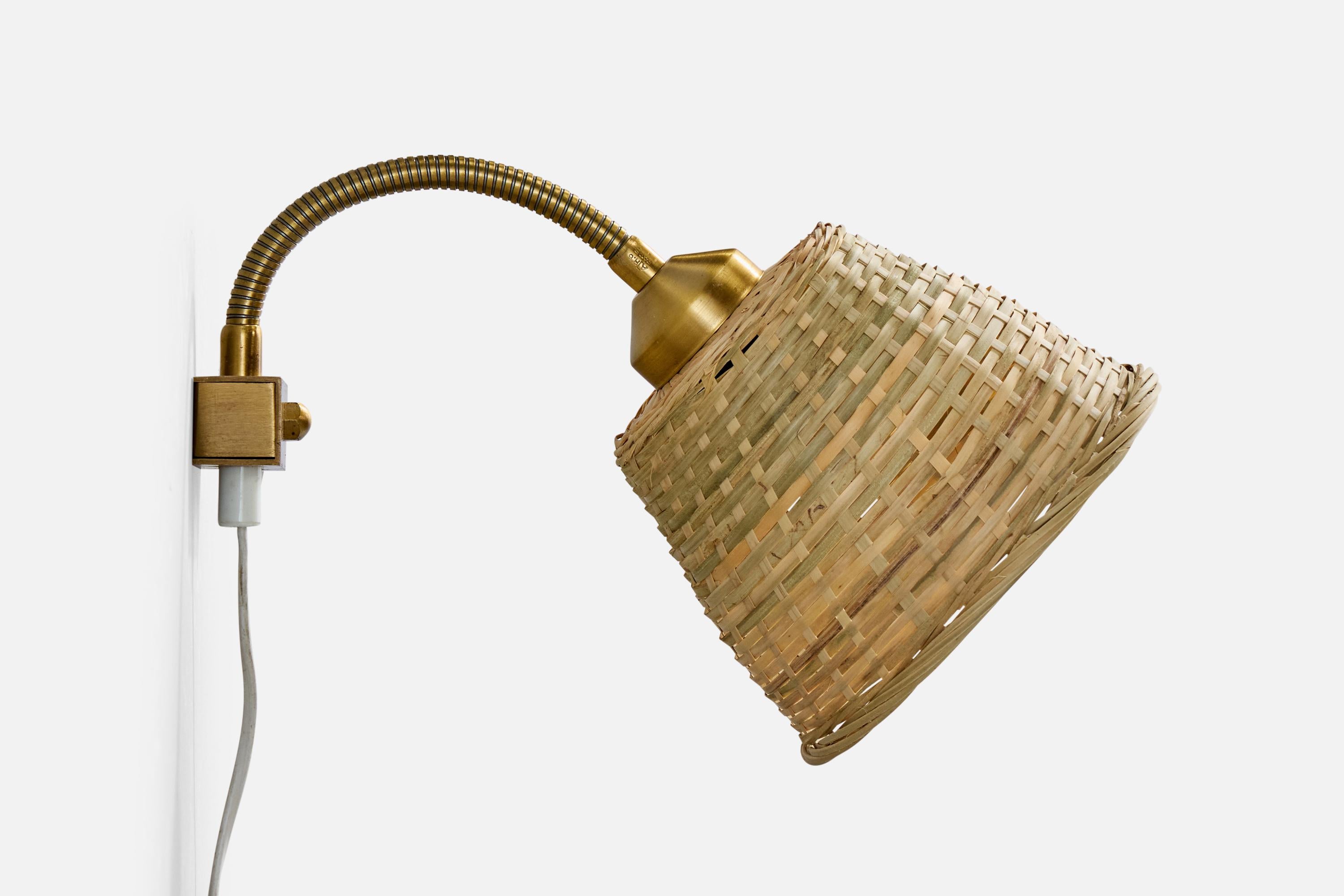 Nybro Armaturfabrik, Wall Lights, Brass, Rattan, Sweden, 1950s In Good Condition For Sale In High Point, NC