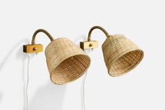 Nybro Armaturfabrik, Wall Lights, Brass, Rattan, Sweden, 1950s