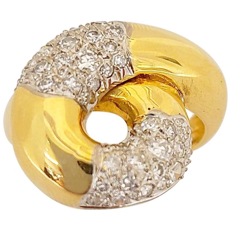 Bague Tourbillon En Or Jaune Et Gris 18 Carats Avec Diamants - Taille 53 - Occasion