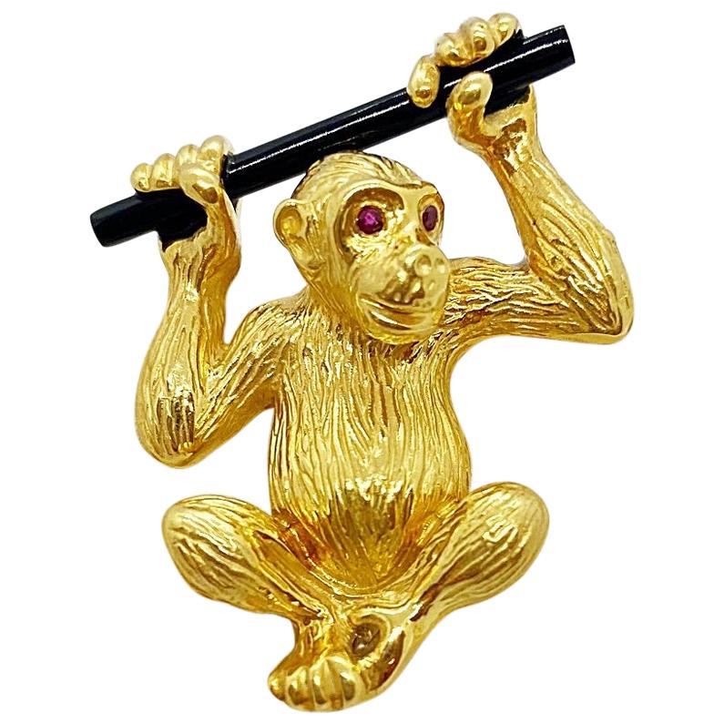 NYC 18 Karat Yellow Gold Monkey Brooch with Onyx and Ruby