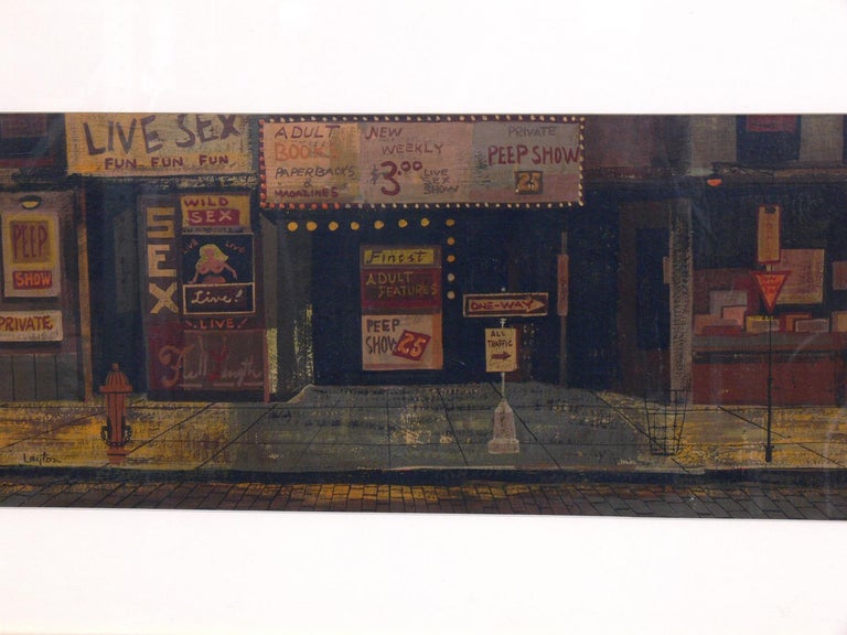 NYC 42nd Street Peep Show Street Scene Painting, artist unknown, signed Layton, American, circa 1960s. Great depection of New York City's sleazy side, the Times Square area and all it's depravity, circa 1960s.