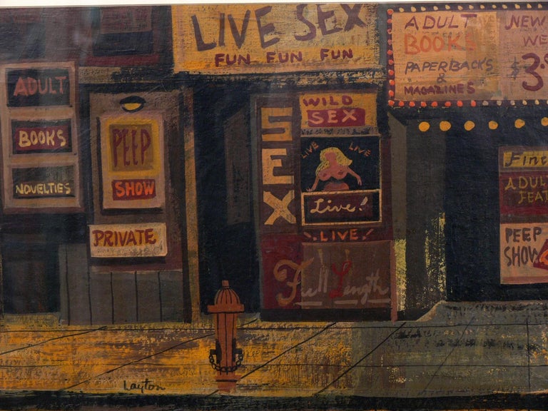 Mid-Century Modern NYC 42nd Street Sex Show Street Scene Painting For Sale