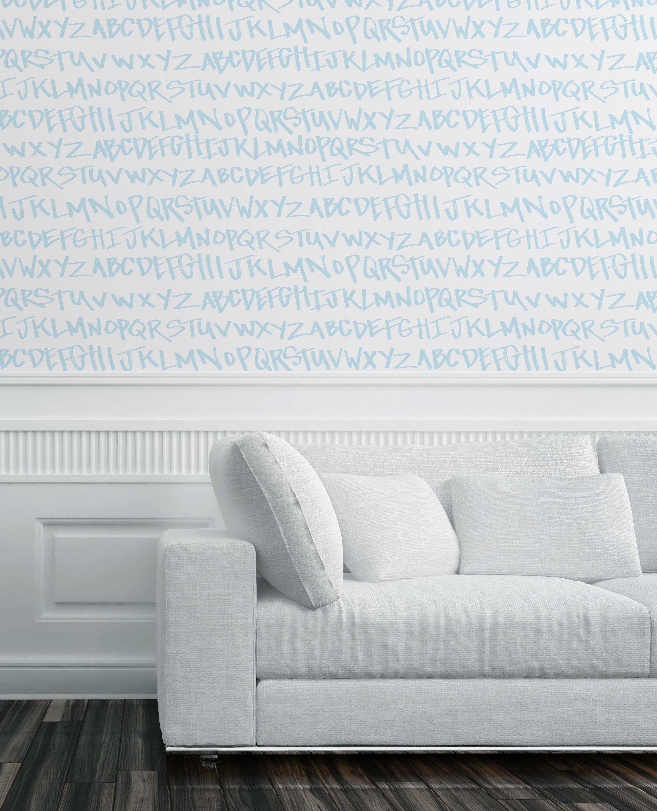 Modern NYC Alphabet in Blue Colorway on Smooth Wallpaper For Sale