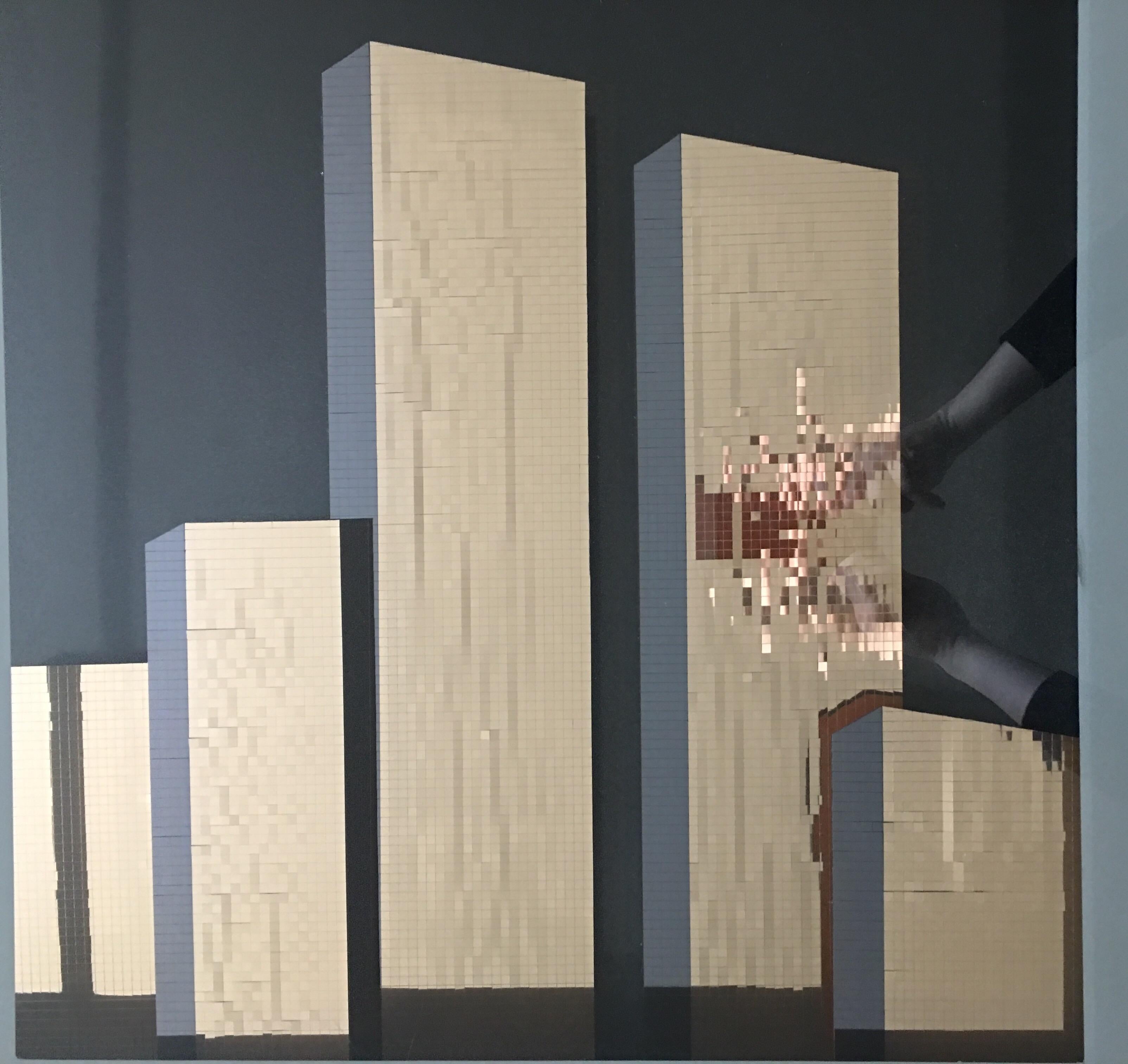 Large modern mosaic cityscape wall art sculpture by Jon Gilmore. The dimensional New York City skyline is composed of sparkly reflective disco ball-like mirrored gold tiles. This dimensional art piece is framed in an acrylic box and trimmed in shiny