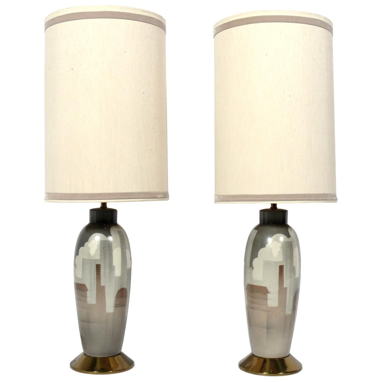 NYC Cityscape Pottery Lamps, circa 1940s For Sale