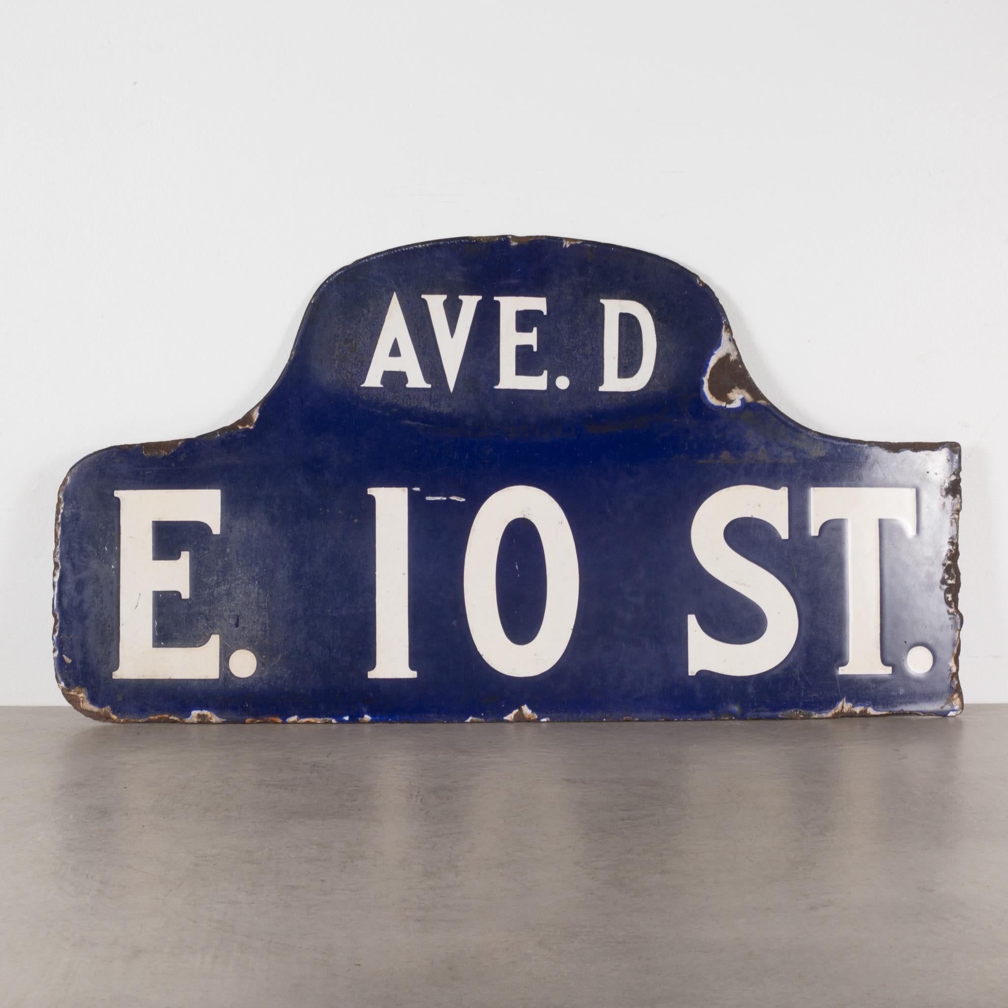 About

An original humpback porcelain NYC street sign from the East Village East 10th street and Avenue D.

Creator unknown.
Date of manufacture c.1910-1920.
Materials and techniques enameled porcelain.
Condition good. Wear consistent with