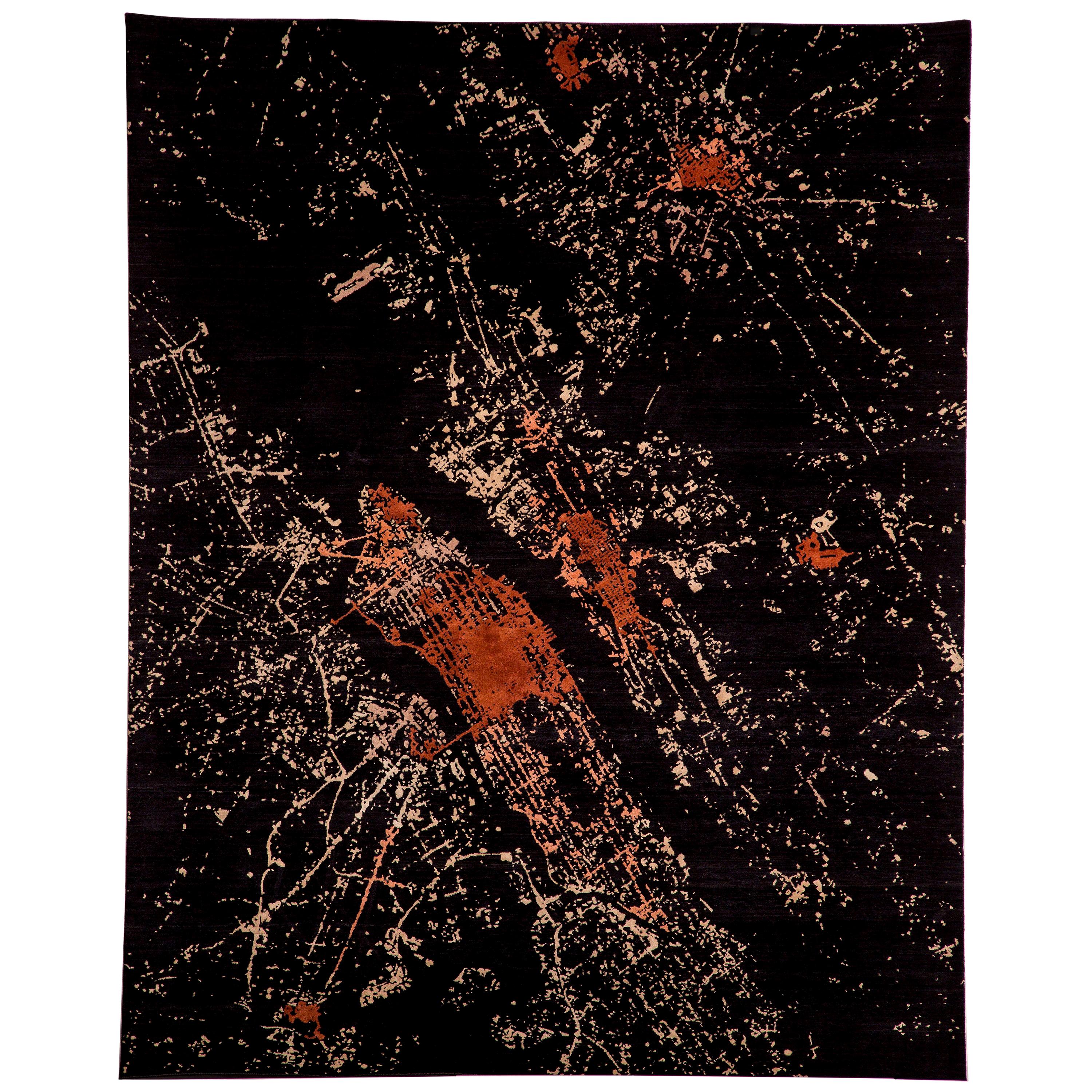Black Red Wool Silk Modern Hand Knotted Rug 8x10 For Sale