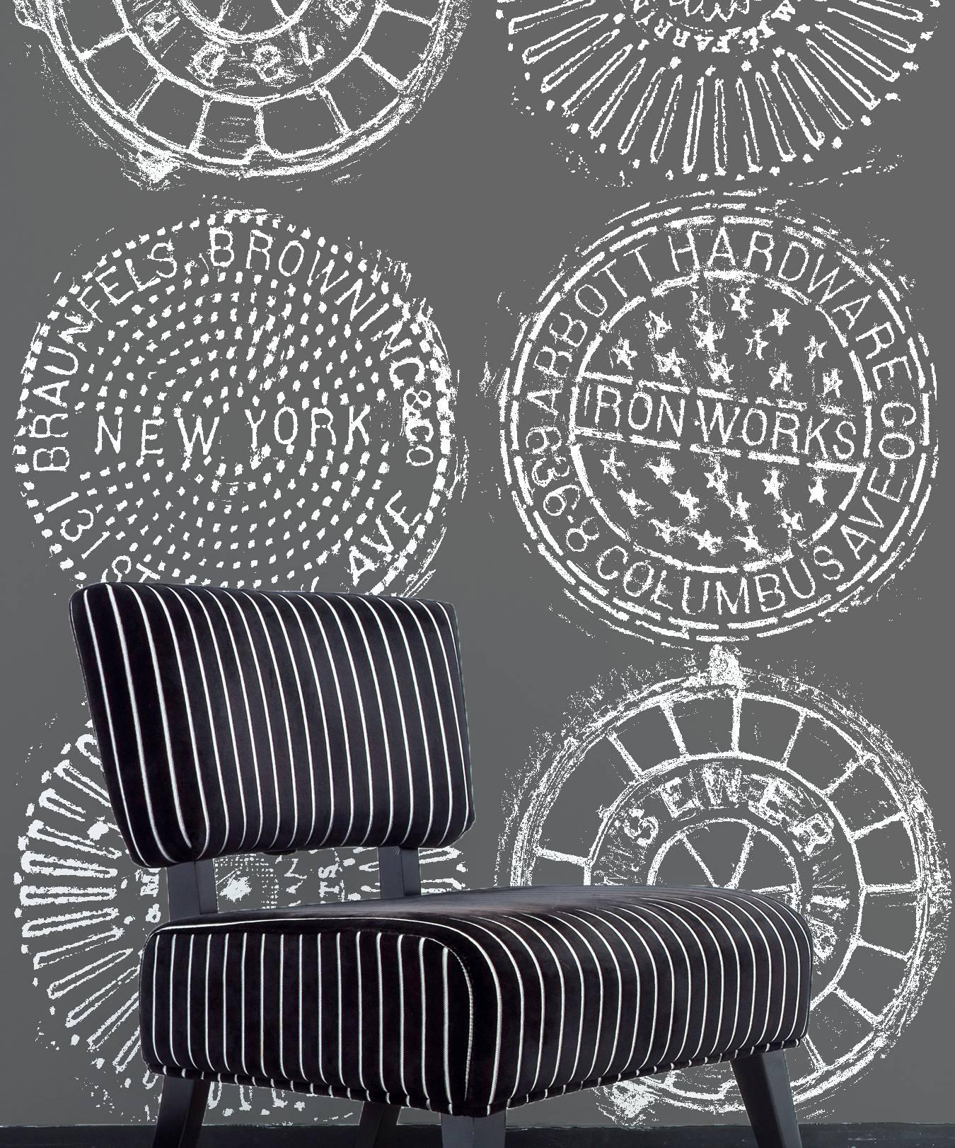 Contemporary NYC Manhole Printed Wallpaper, Black on White Manhole Cover For Sale
