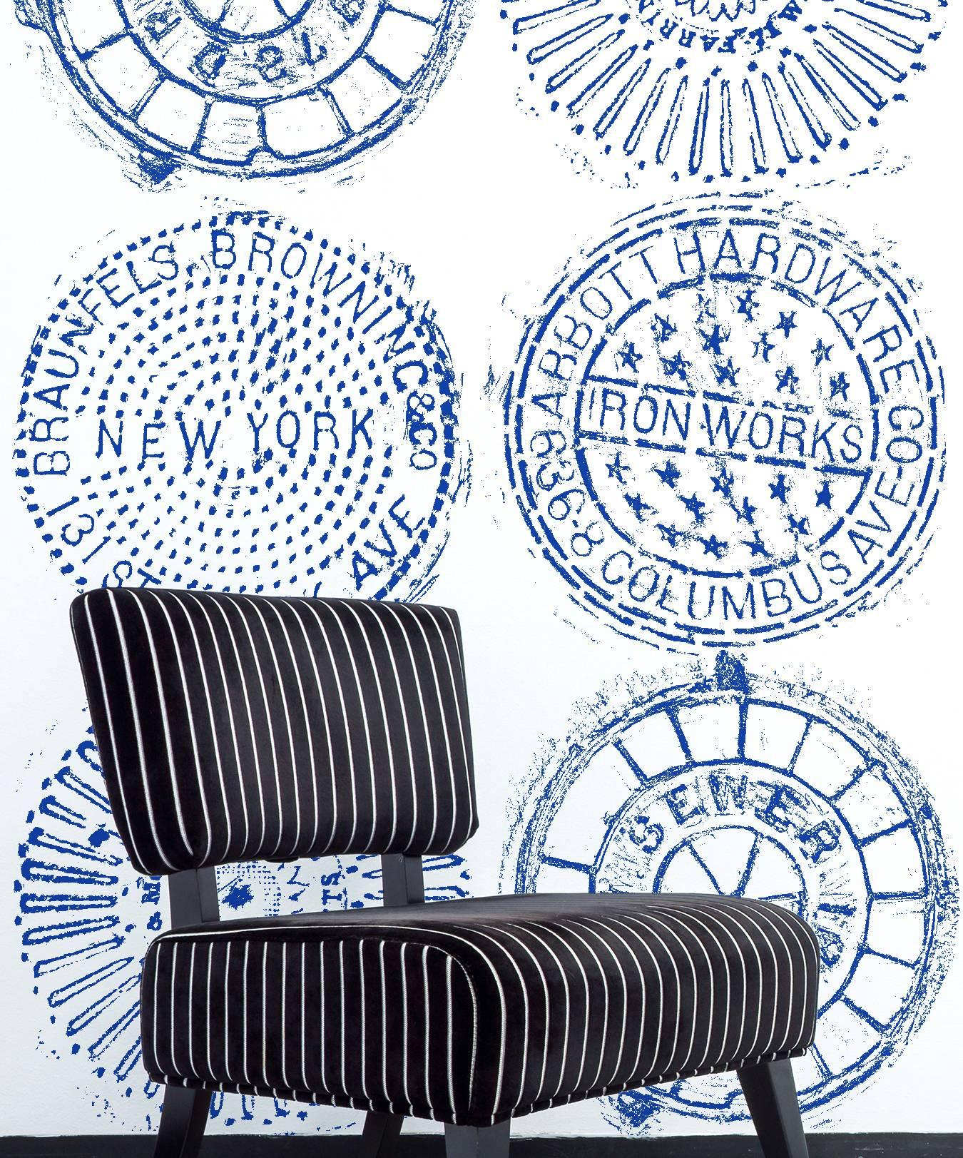 Paper NYC Manhole Printed Wallpaper, Black on White Manhole Cover For Sale