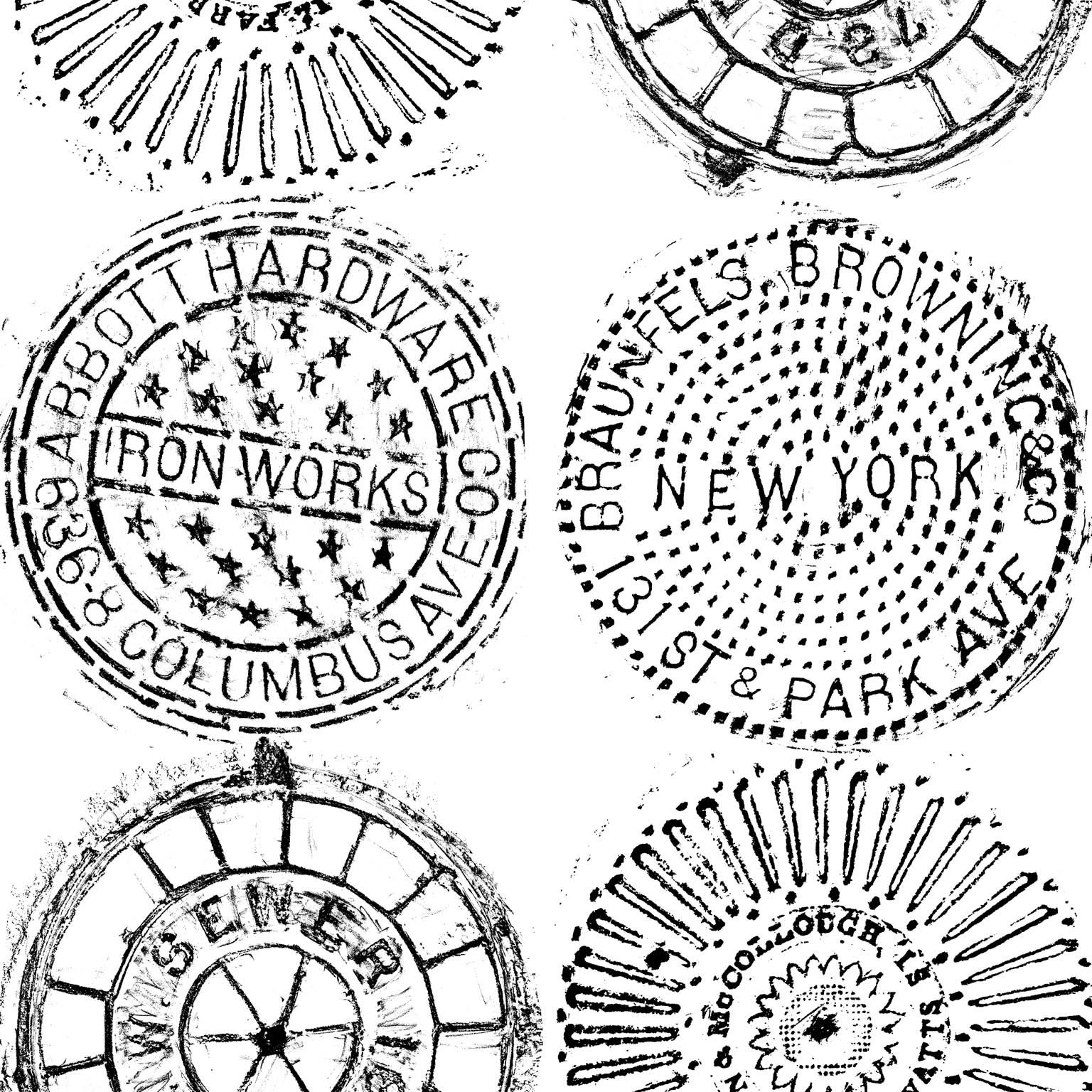 NYC Manhole Printed Wallpaper, Black on White Manhole Cover For Sale