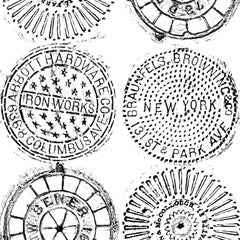 NYC Manhole Printed Wallpaper, Black on White Manhole Cover