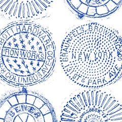 NYC Manhole Printed Wallpaper-Blue on White Manhole Cover