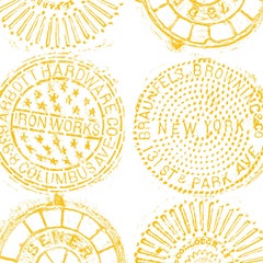 NYC Manhole Printed Wallpaper-Gold on White Manhole Cover