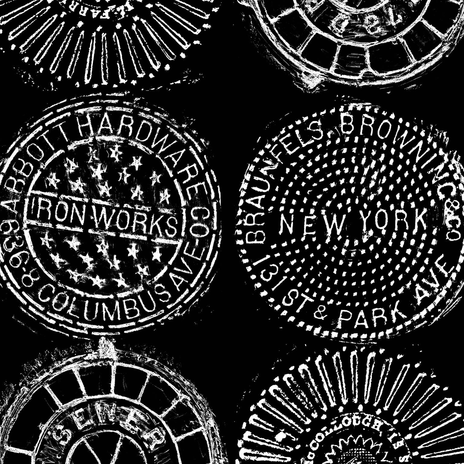 NYC Manhole Printed Wallpaper, White on Black Manhole Cover For Sale