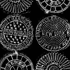 NYC Manhole Printed Wallpaper, White on Black Manhole Cover