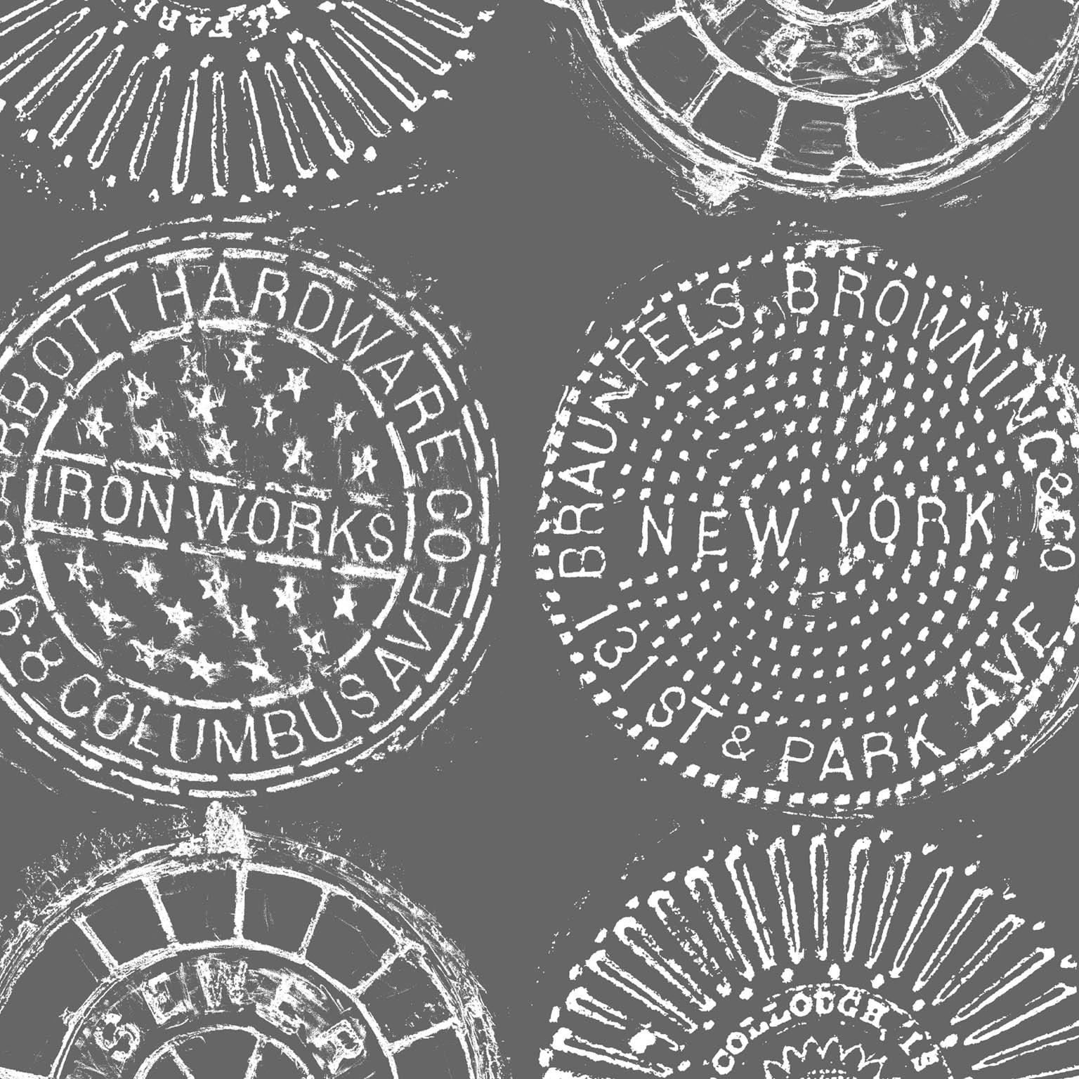 NYC Manhole Printed Wallpaper, White on Charcoal Manhole cover For Sale