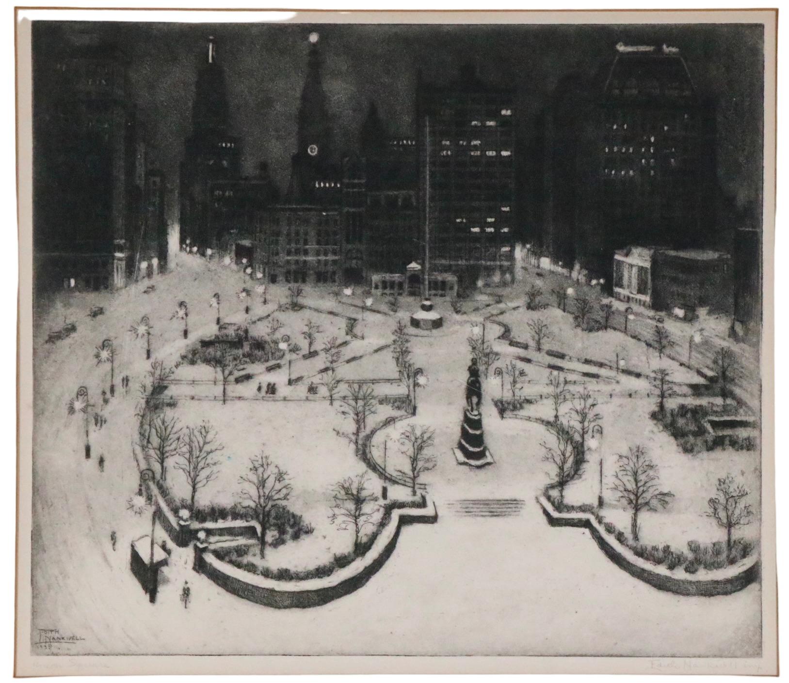 Period Art Deco aquatint etching by noted printmaker, artist Edith Nankivell, pencil signed, limited edition titled Union Square. The view is looking north from the south side of Union Square park, New York City, in winter. The print is in very