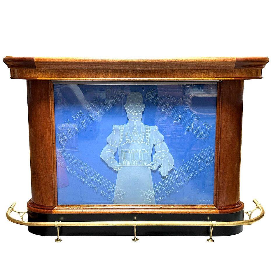 American NYC Streamline Art Deco Mahogany Bar w/ Light Up Etched Glass Front by Ganger