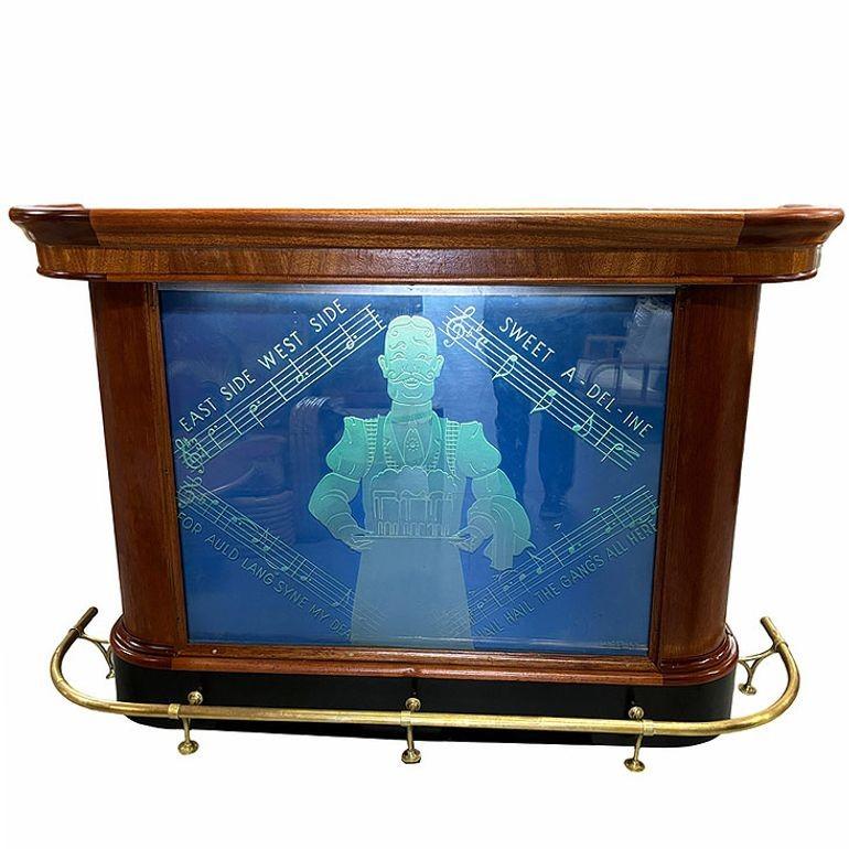 NYC Streamline Art Deco Mahogany Bar w/ Light Up Etched Glass Front by Ganger 1