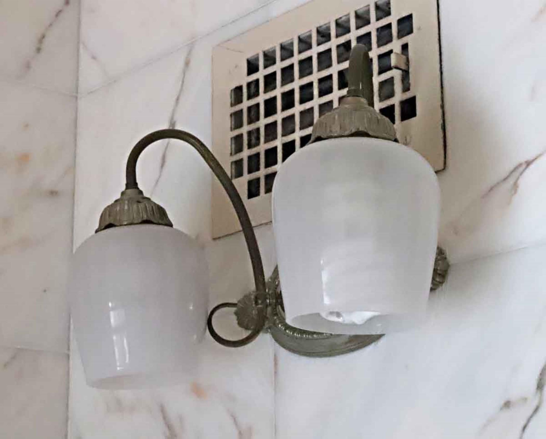 Art Nouveau NYC Waldorf Astoria Brass & Nickel Wall Sconce w/ Two Arms Tulip Light Shades