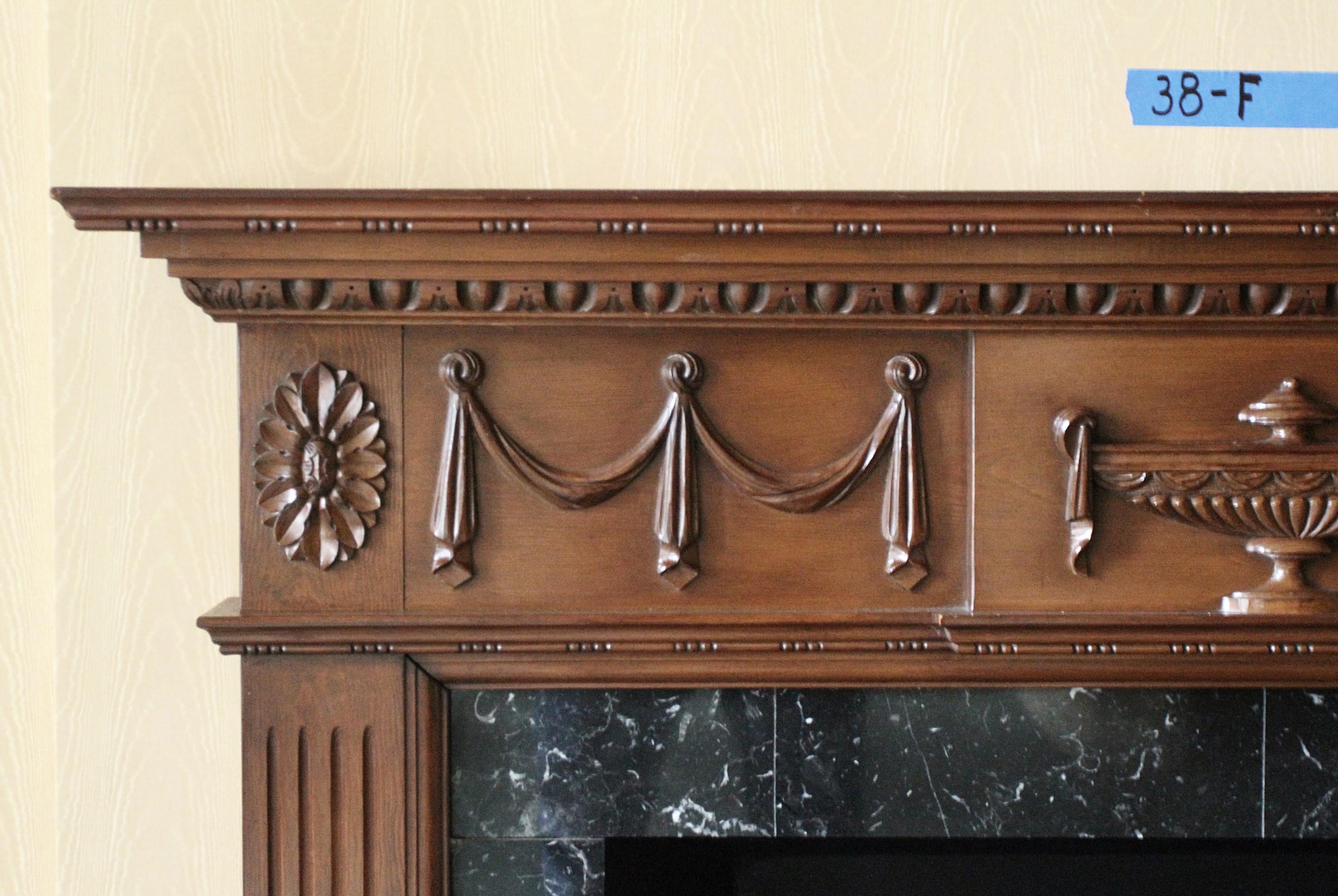 Waldorf Astoria Hotel Carved Wood Urn Ribbon Mantel Suite 38F In Good Condition In New York, NY