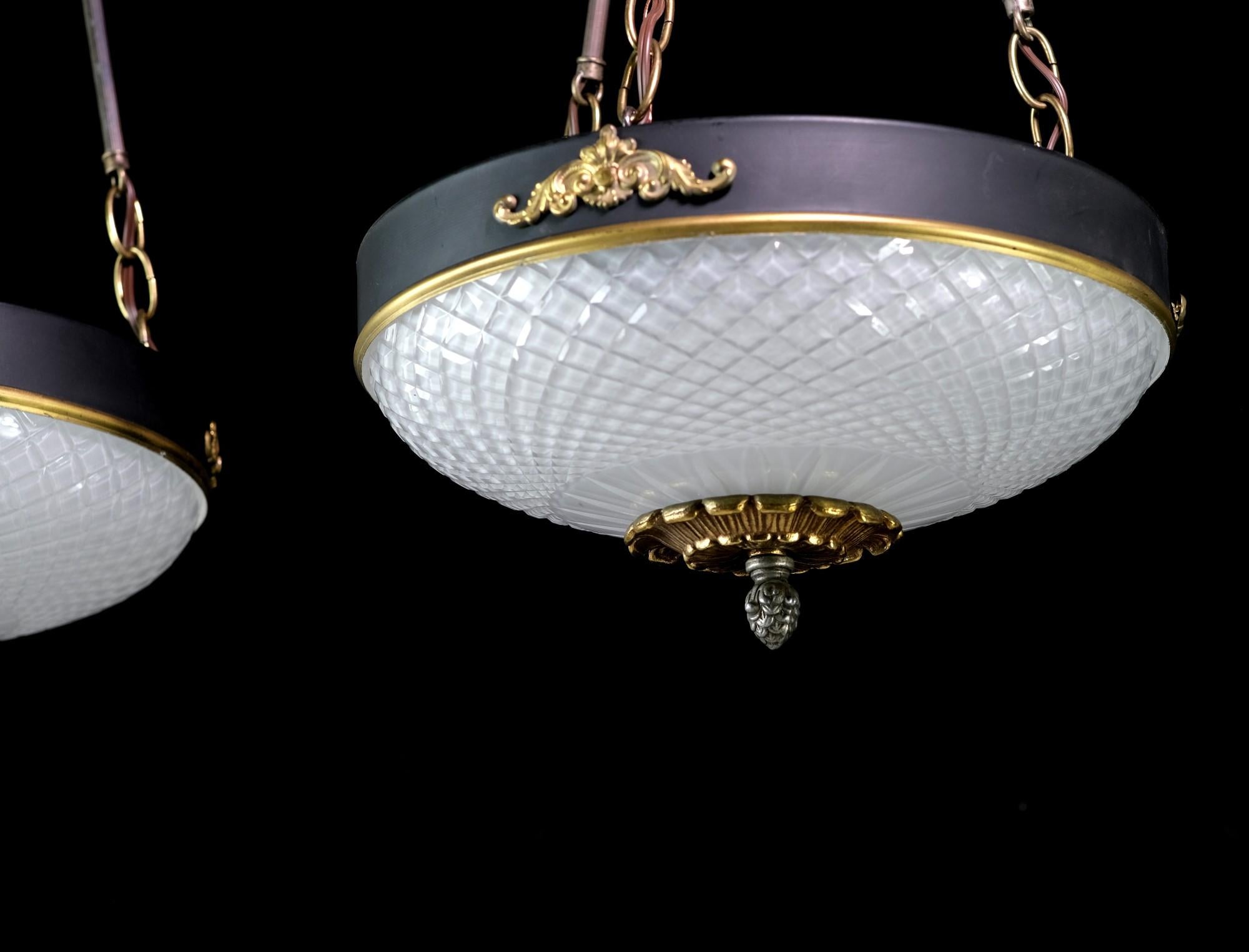NYC Waldorf Astoria Etched Glass Empire Style Pendant Lights, Sold as Pair 1