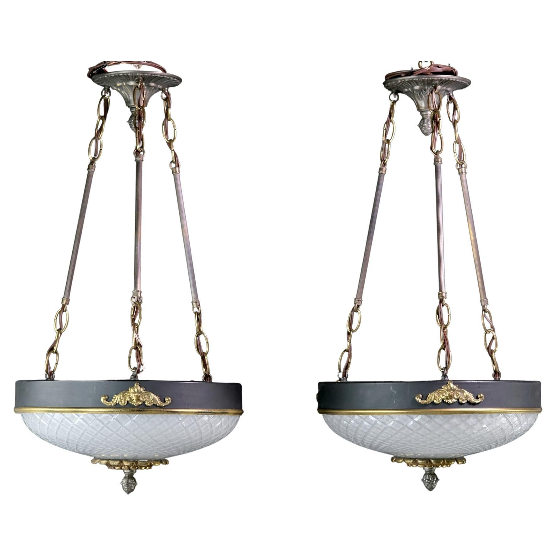 NYC Waldorf Astoria Etched Glass Empire Style Pendant Lights, Sold as Pair